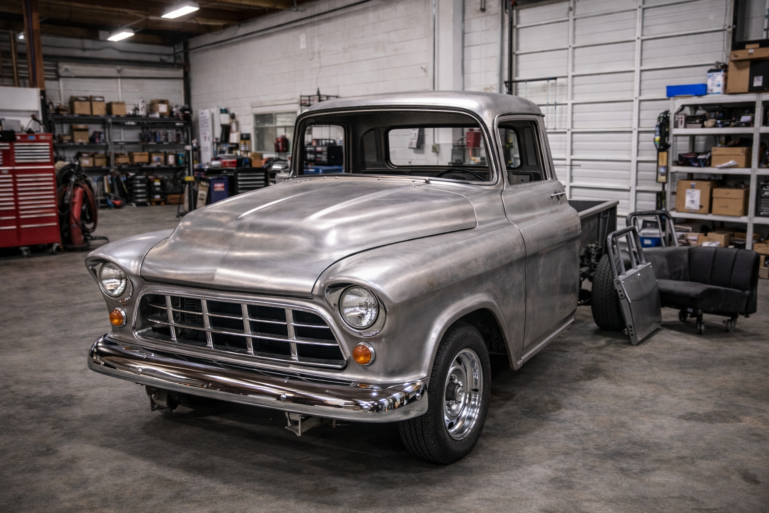 Chevy 3100 in-shop shot / bare-metal stage / finished reflection photo