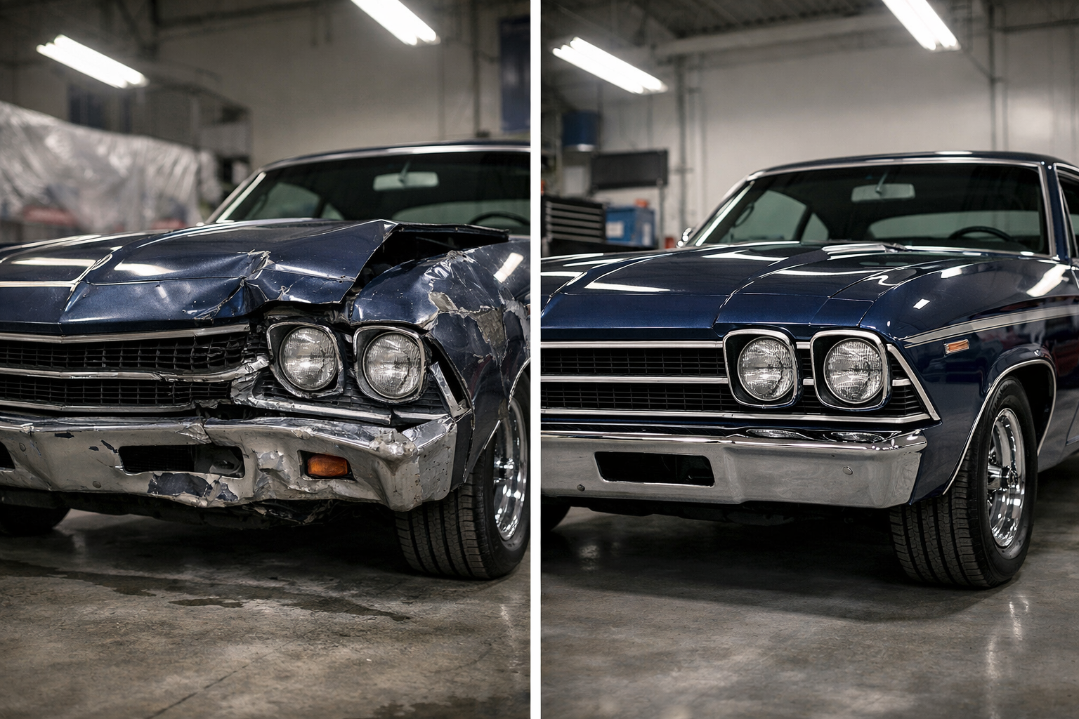 Classic car collision repair before and after
