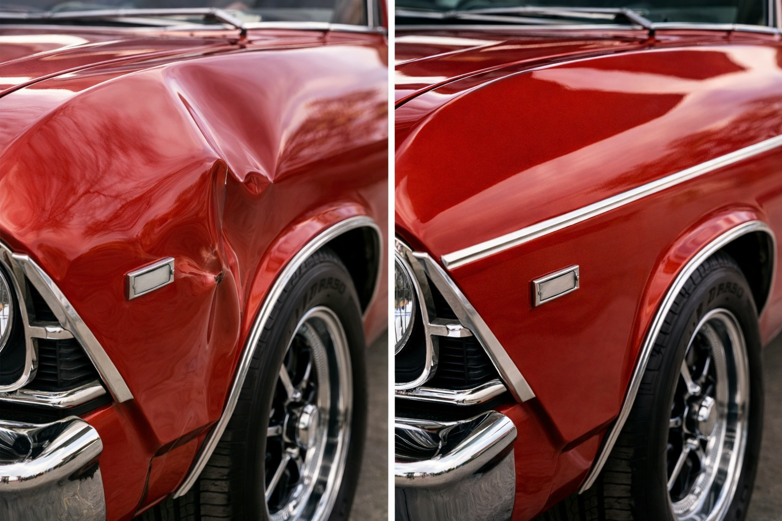 Dented classic fender, collision damage, frame measurement, repair in-progress