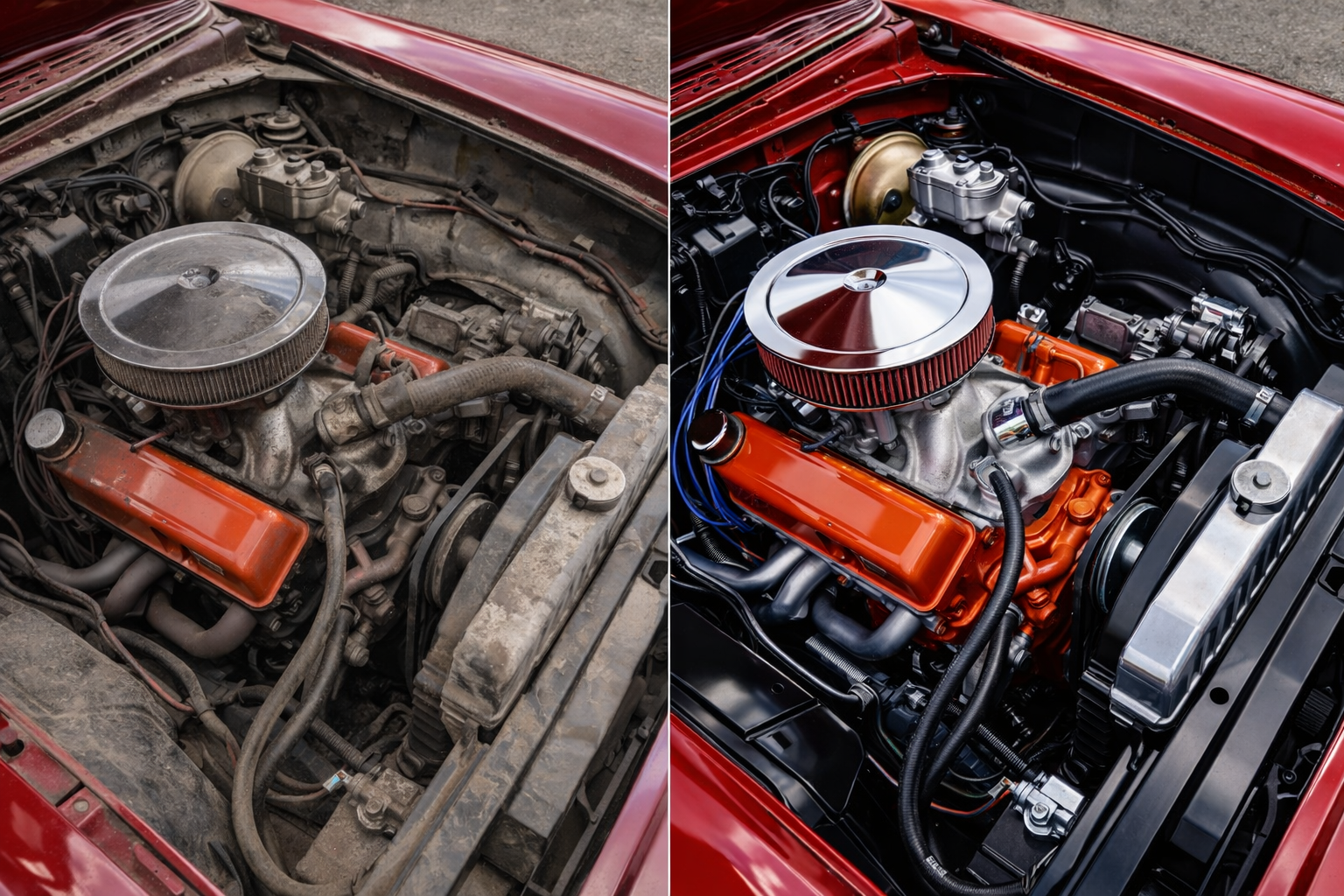 Engine bay before and after detailing