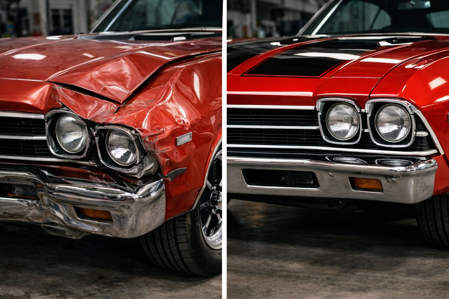 Fender before repair with crease damage, followed by smooth, aligned finish