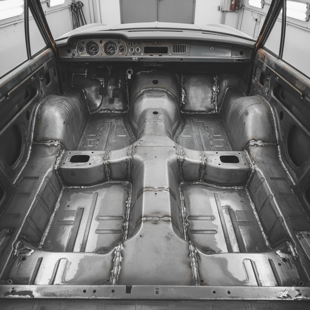 Interior view of floor pan repair prior to coating