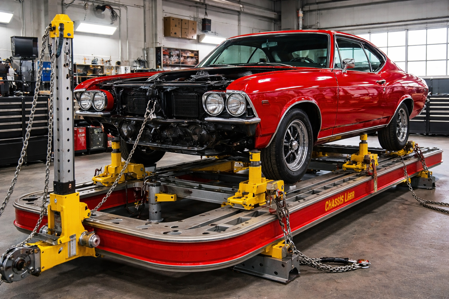 Vehicle mounted on frame straightening equipment