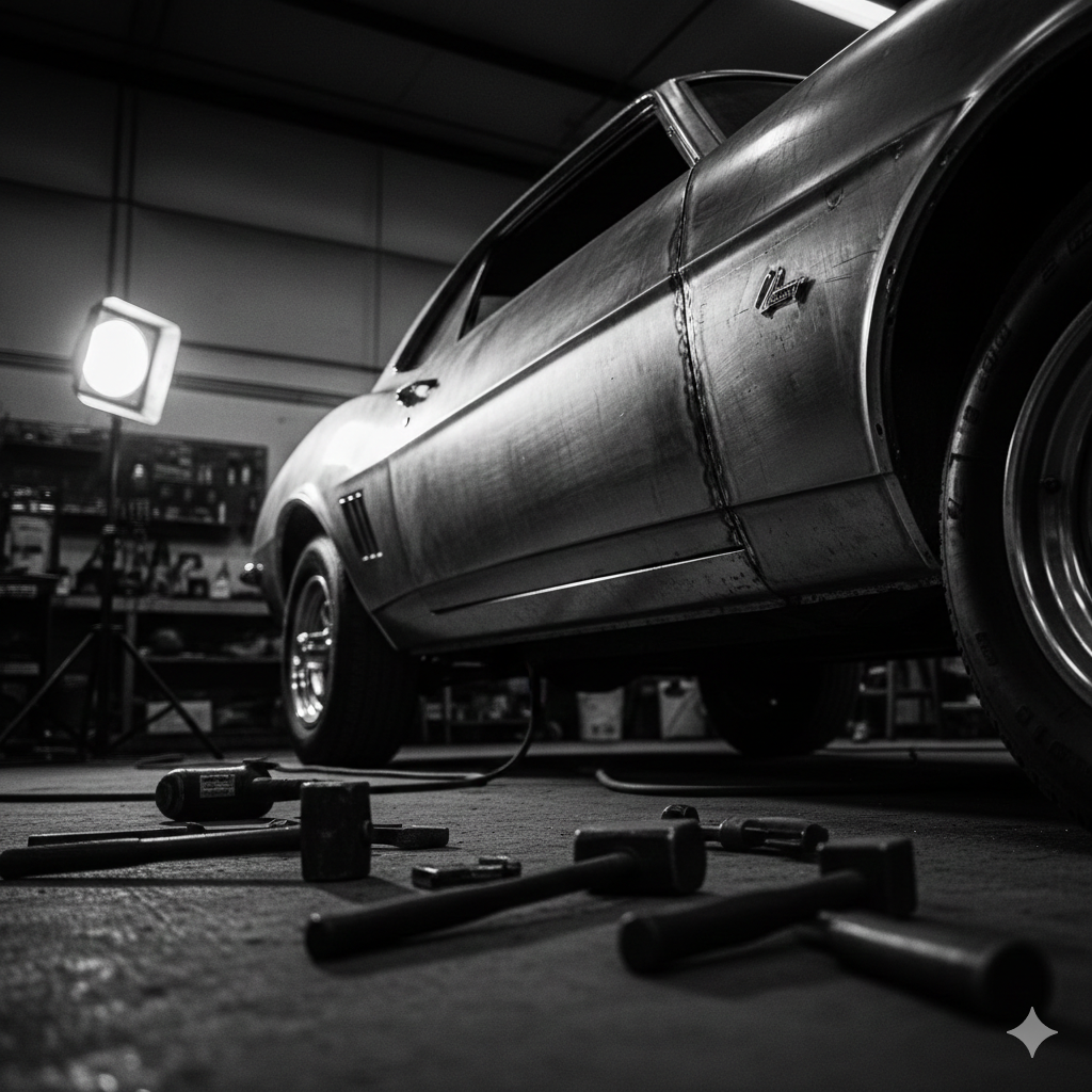 Quarter panel metal repair in progress with controlled shaping
