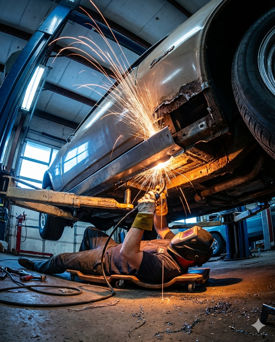 Rocker panel replacement in progress